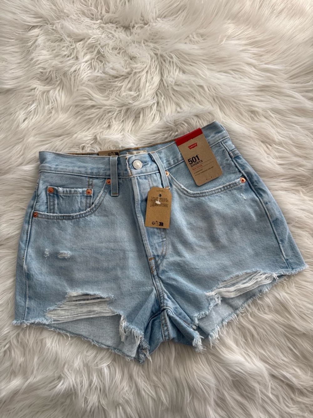 Levi's 501 Distressed Light Blue Denim Shorts